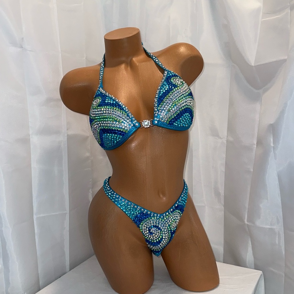 Turquoise hologram competition, figure posing suit, handmade, premade size 36B